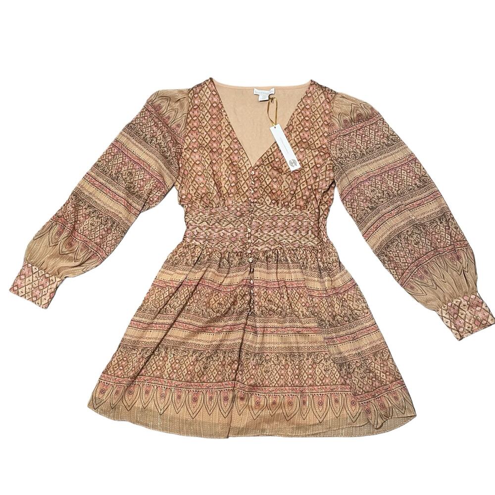 NEW House of Harlow 1960 x Shona Joy Smocked V-Neck Mini Dress Pink Tan Medium